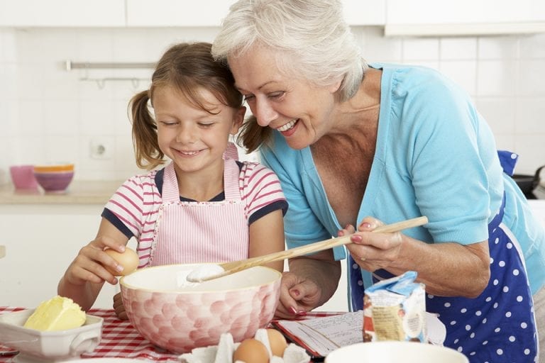 Grandmother And Granddaughter Baking In Kitchen